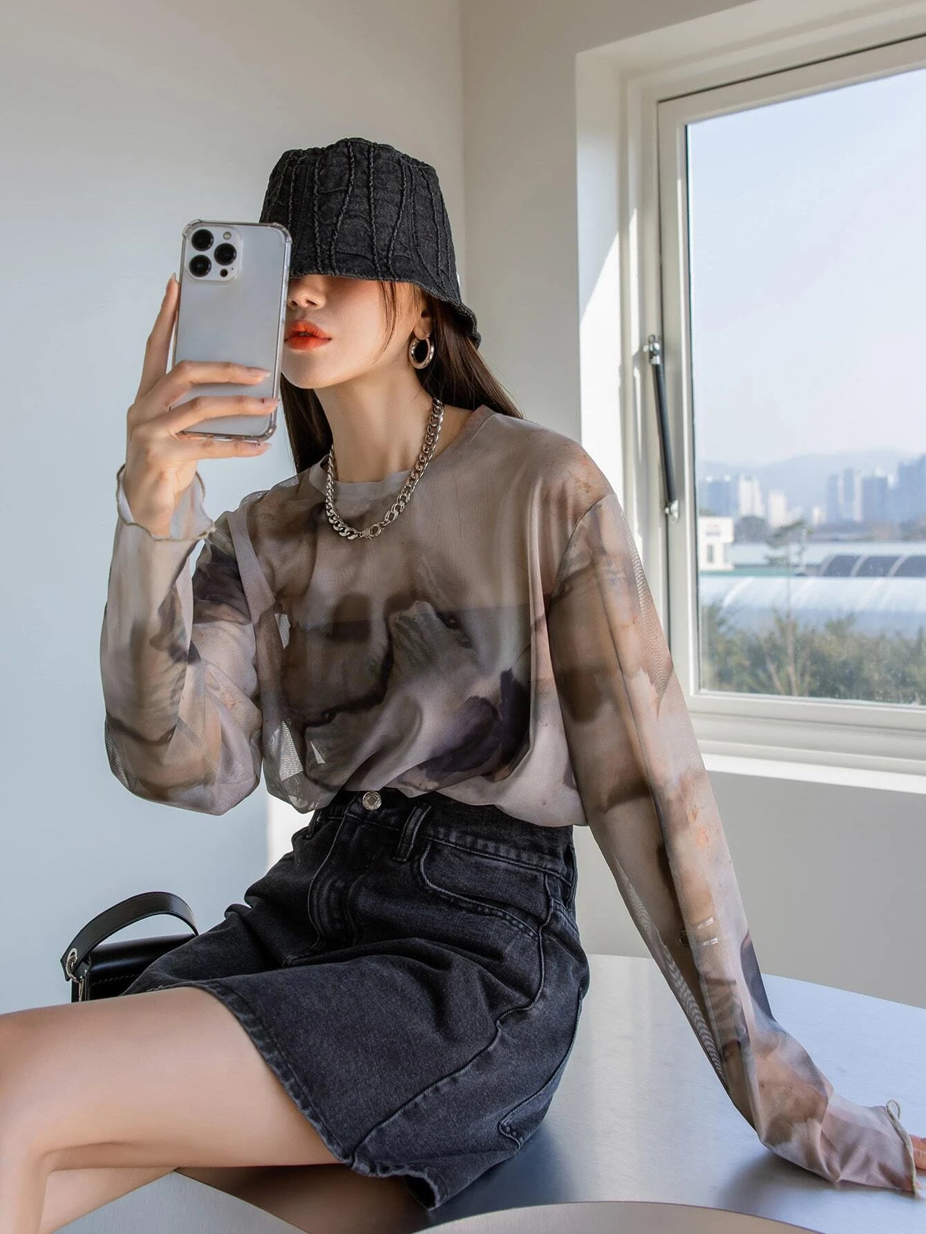 Milky Grey Baggy Mesh Top