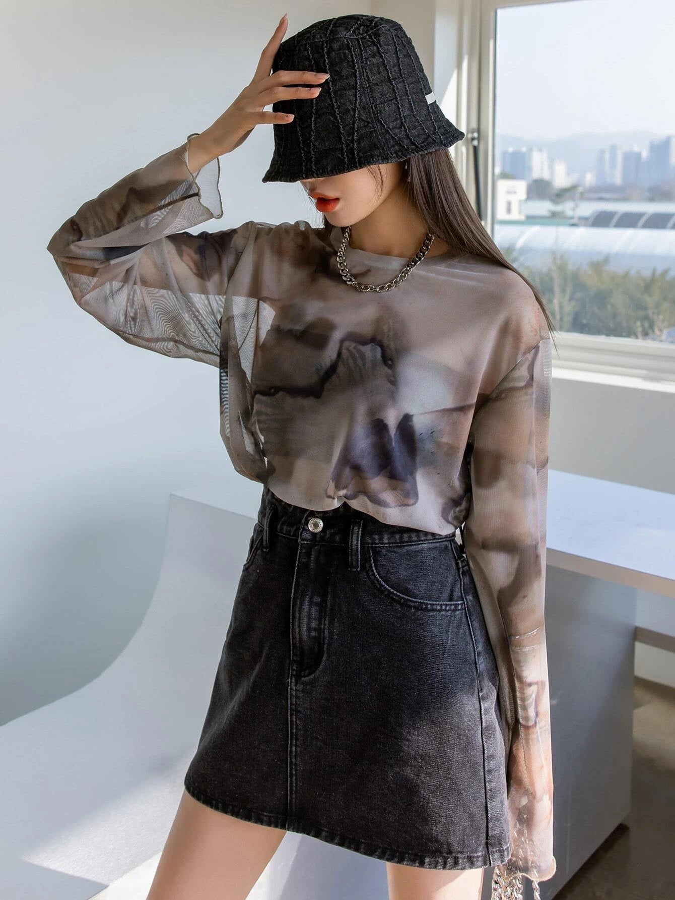 Milky Grey Baggy Mesh Top
