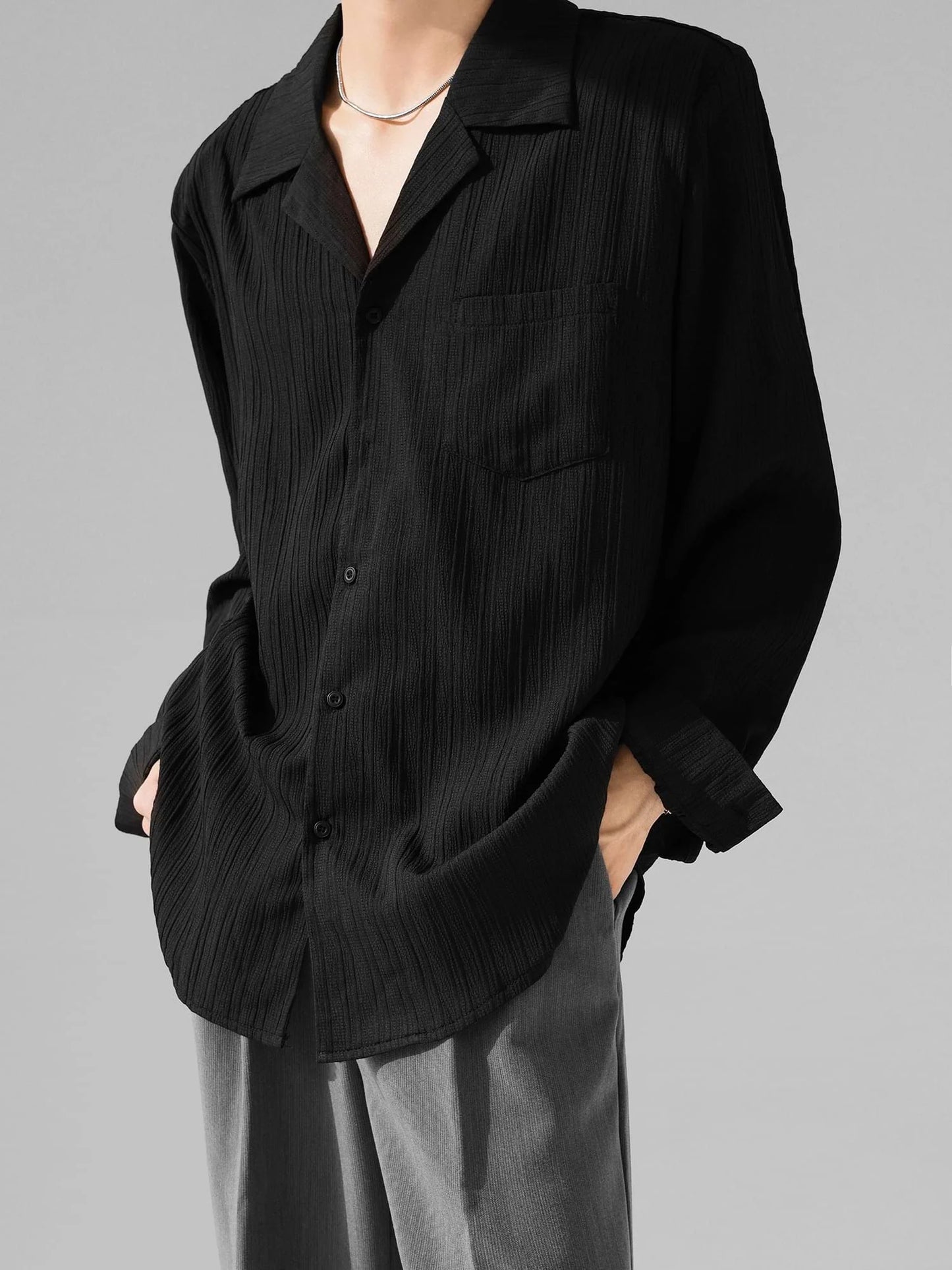Long Sleeves Stripe Texture Lapel Collar Men Shirt