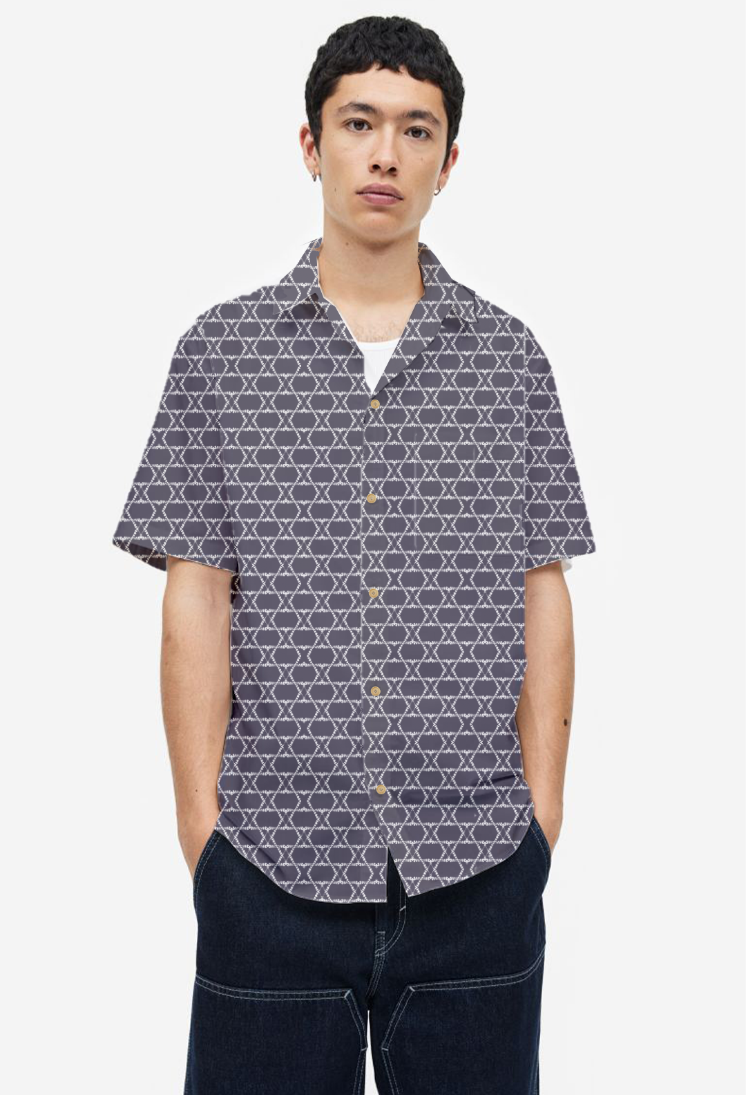 Greyish Blue Geometric Print Short Sleeve Shirt