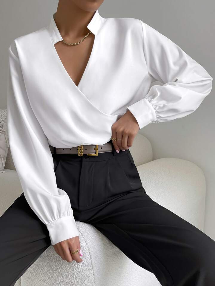 Overlap Bishop V Collared Sleeve Blouse