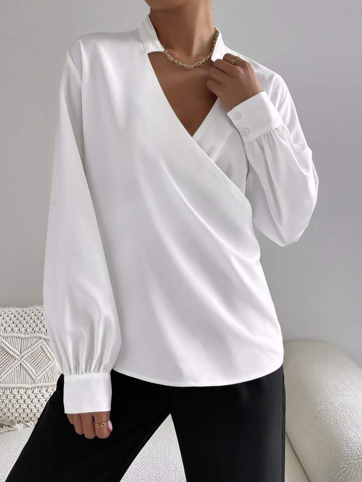 Overlap Bishop V Collared Sleeve Blouse
