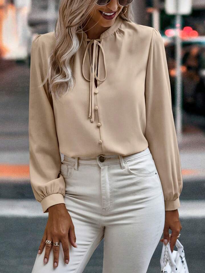 Classy Tie Neck Front Button Blouse