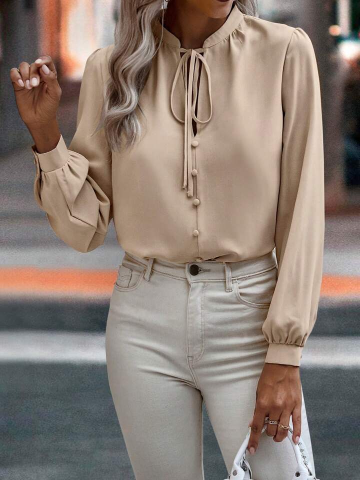 Classy Tie Neck Front Button Blouse