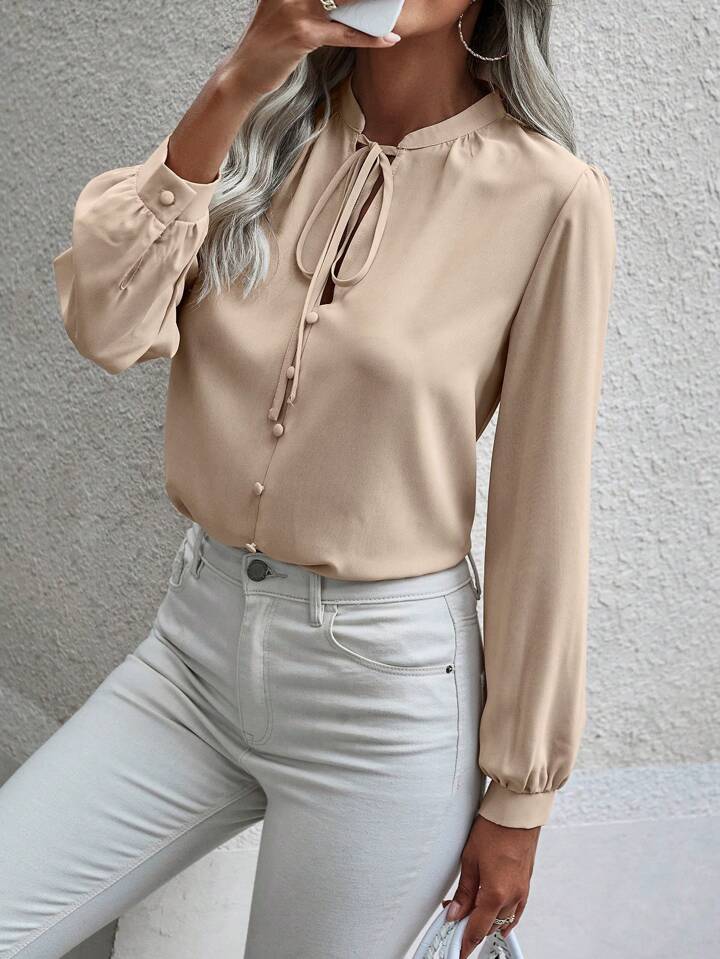 Classy Tie Neck Front Button Blouse