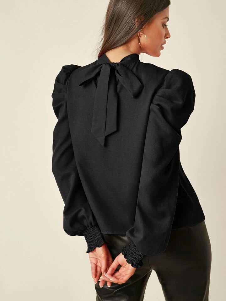Tie Back Shirred Cuff Gathered Sleeve Blouse