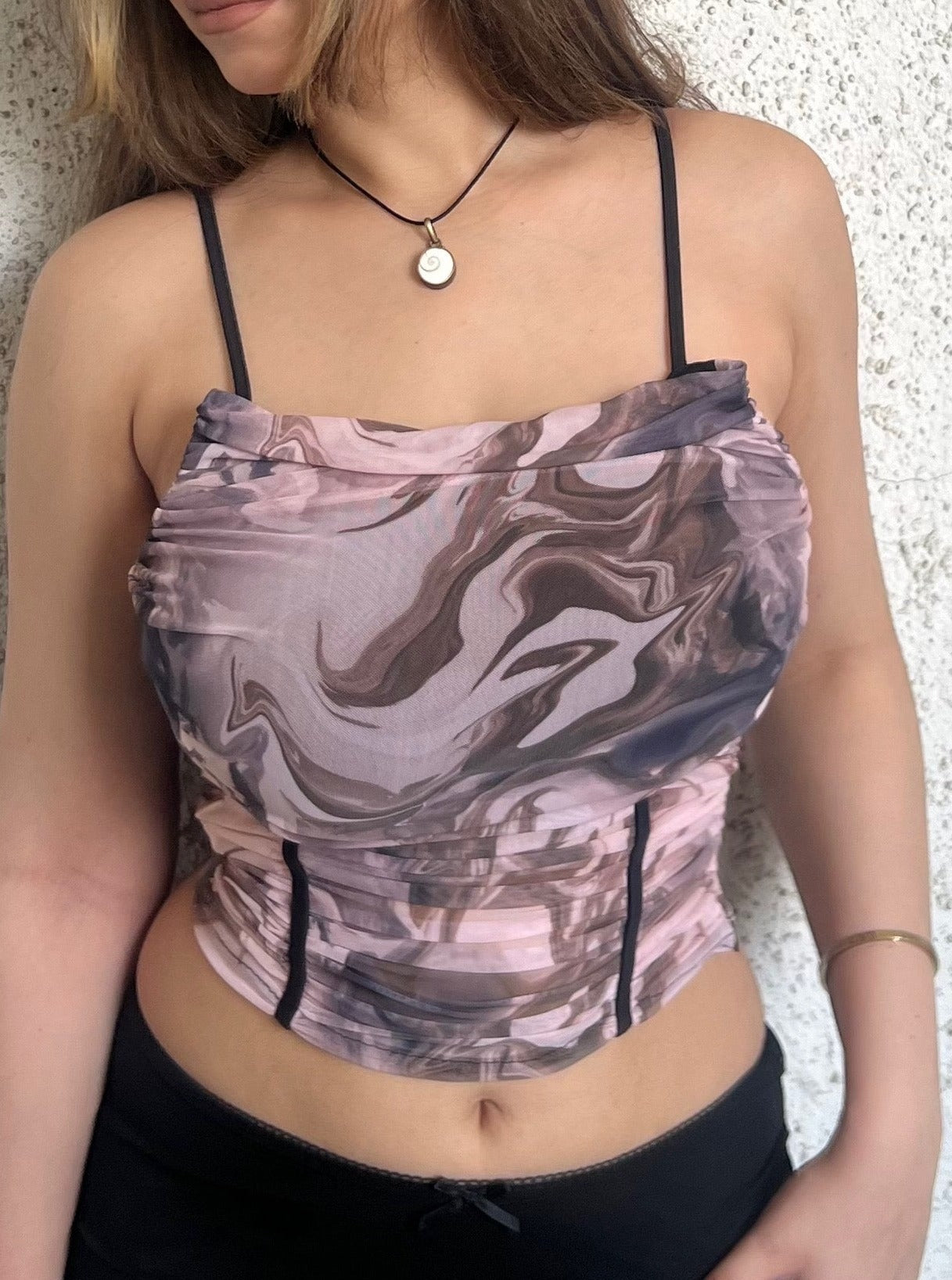 Fluid Art Printed Ruched Mesh Top