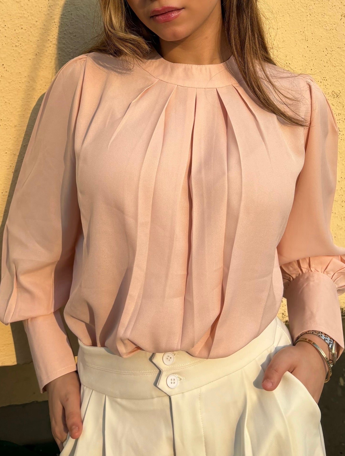 Pleated Neck Bishop Sleeve Blouse