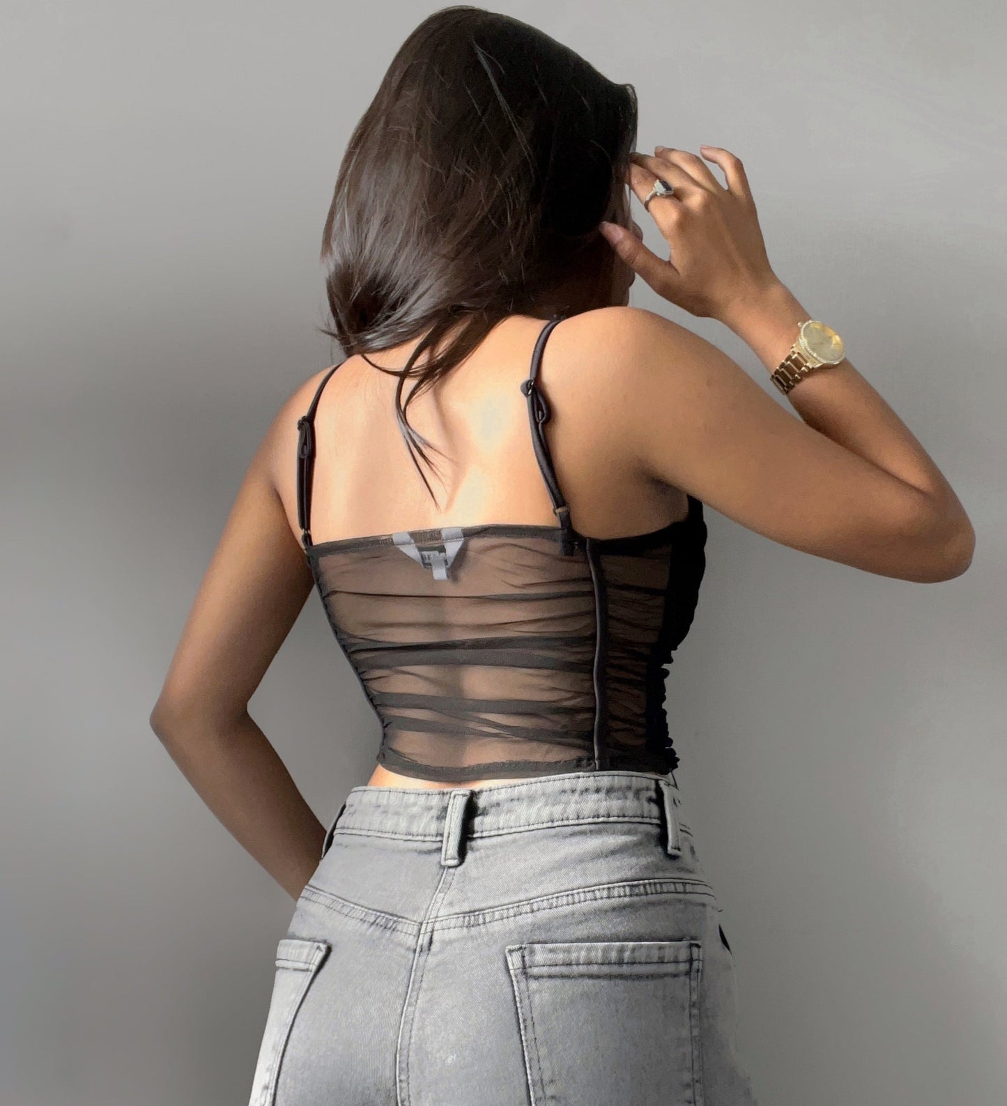 Black Dream Ruched Mesh Crop Top