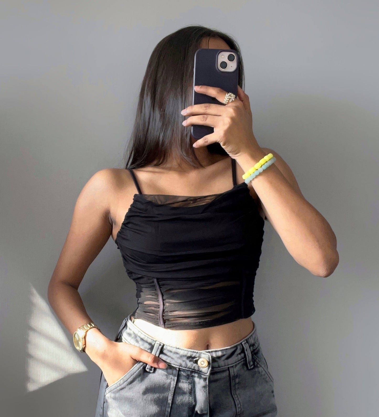 Black Dream Ruched Mesh Crop Top