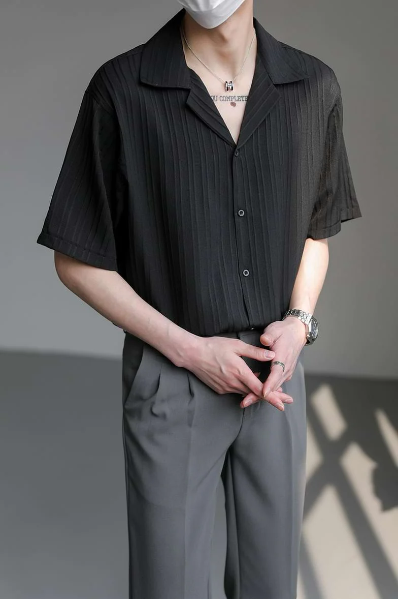 Stripe Texture Lapel Collar Men Shirt