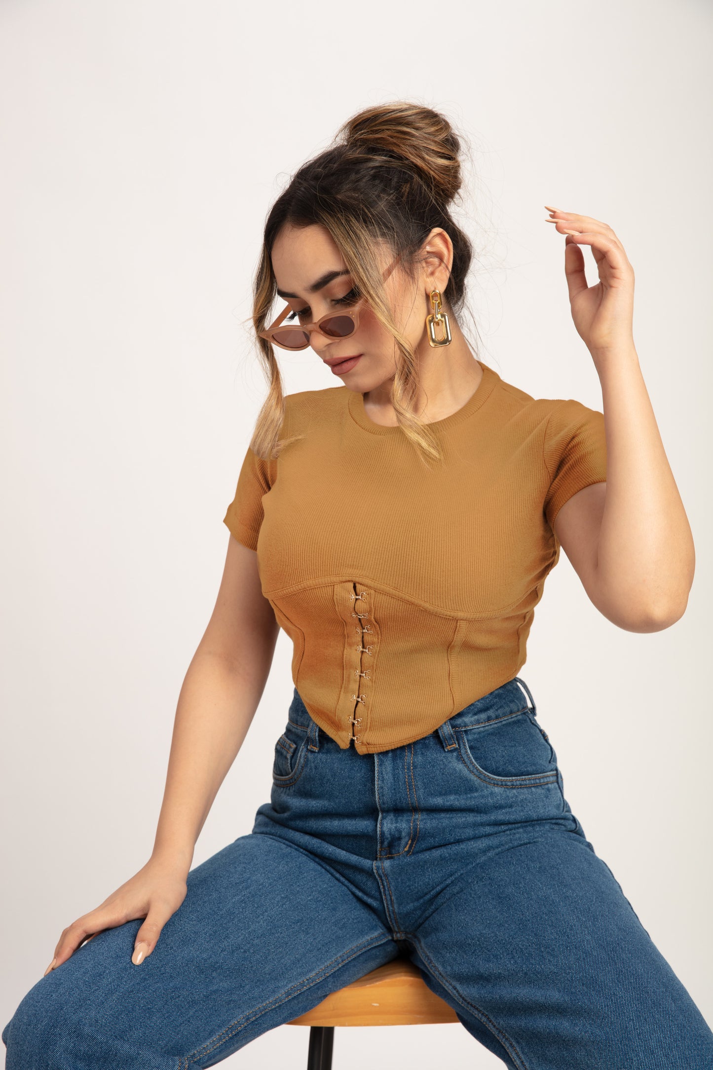 Camel Brown Rib Corset Top