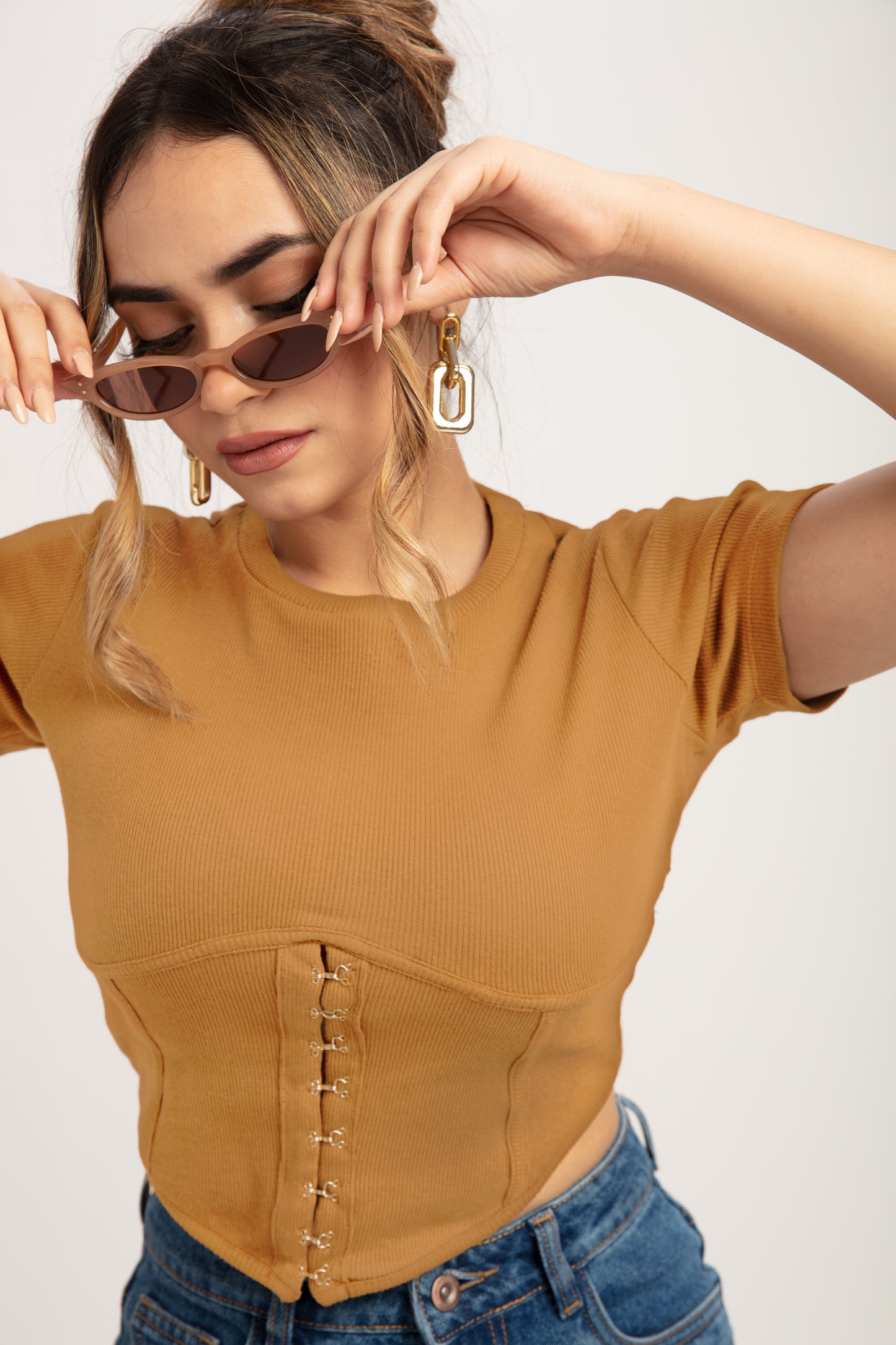 Camel Brown Rib Corset Top