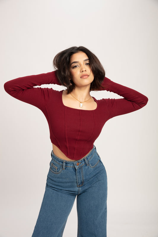Cherry Red Long Sleeve Corset Top