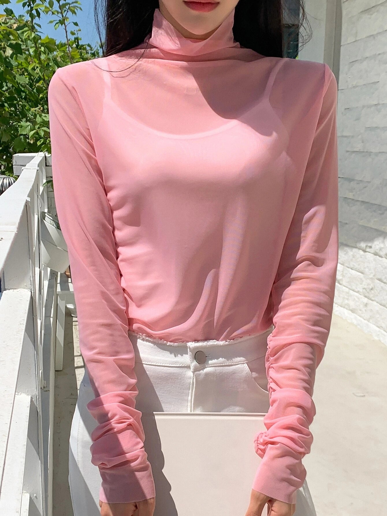 Ruched Sleeve Sheer Top