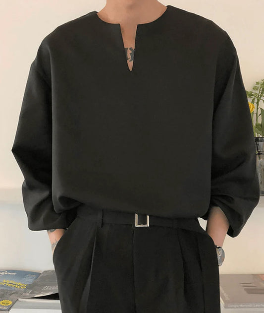V Neck Cuff Details Long Sleeve Korean Shirt