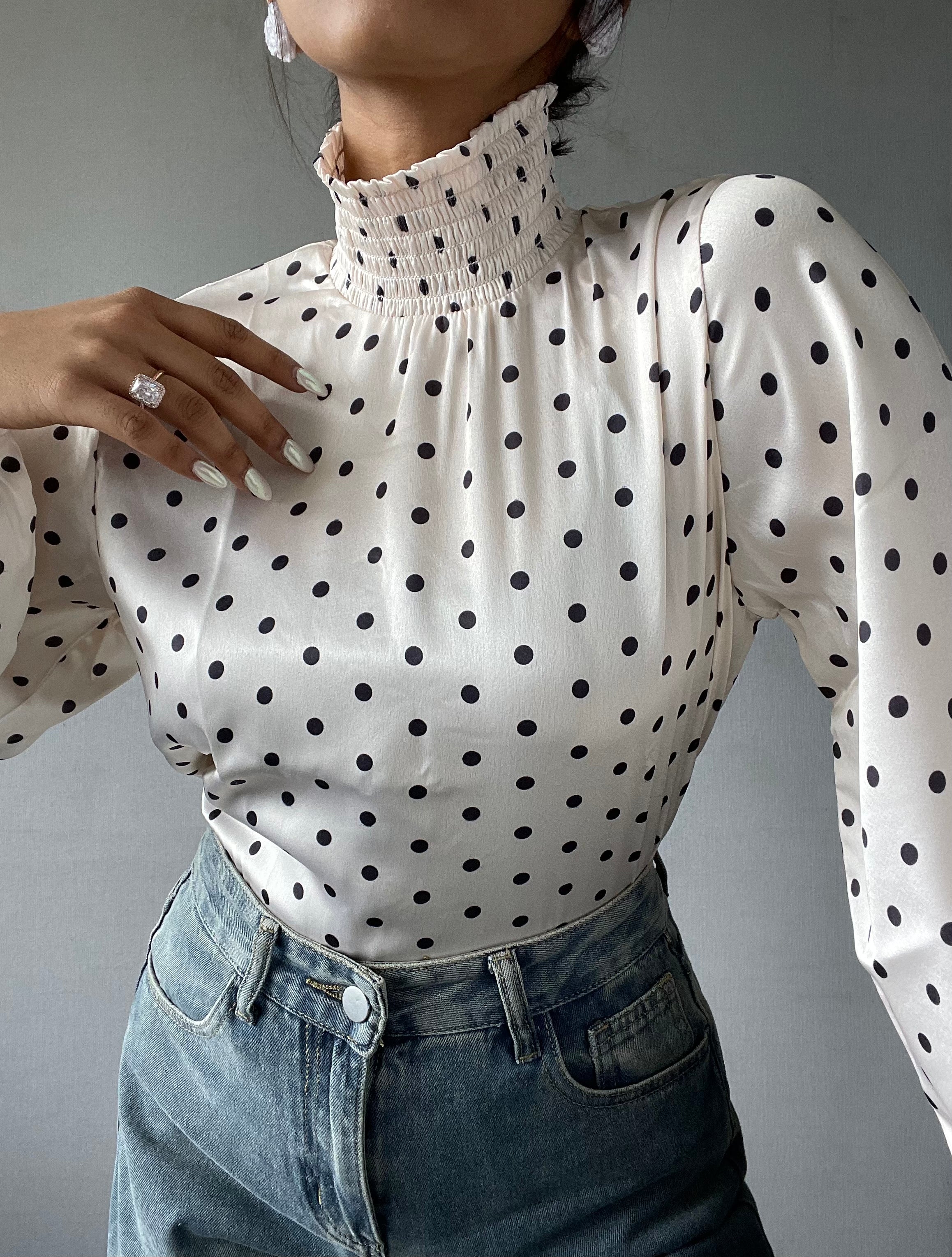 Polka dot high hot sale neck blouse