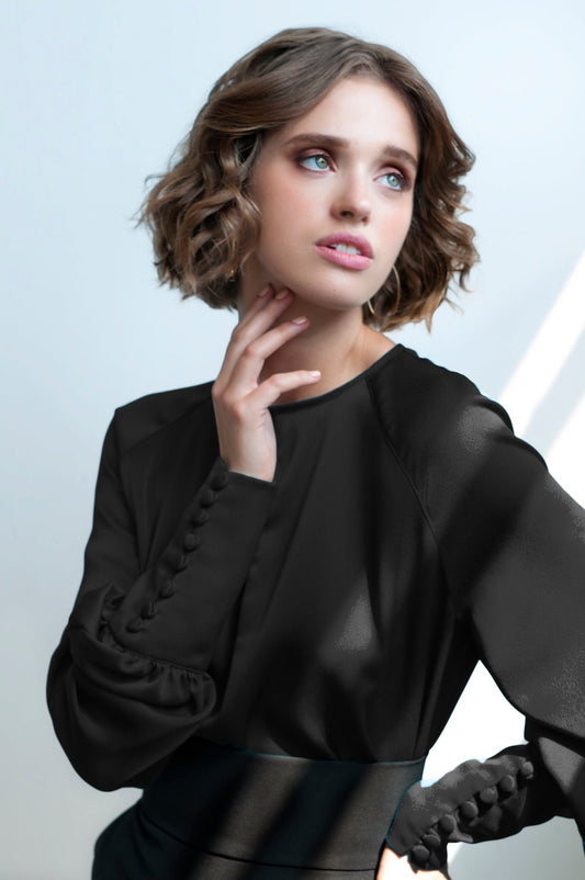 Loose Satin Blouse With Wide Puff Sleeve