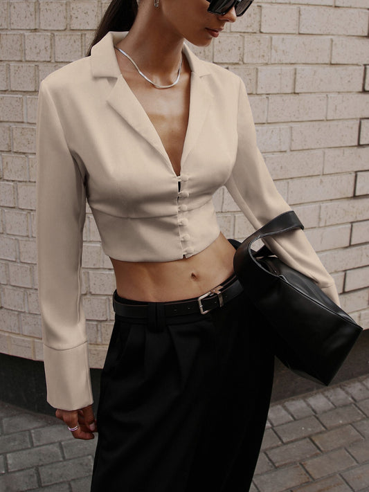 Collared Cropped Fitted Satin Shirt