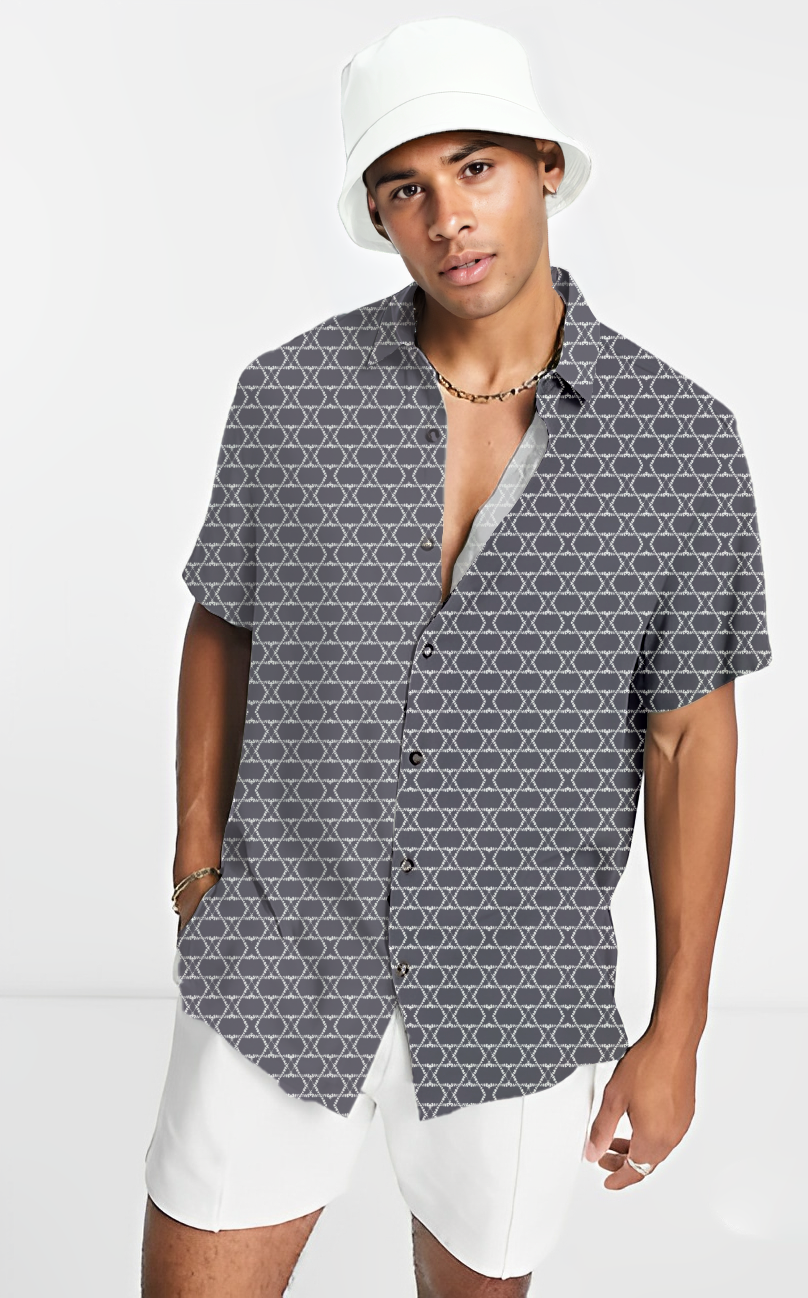 Greyish Blue Geometric Print Short Sleeve Shirt