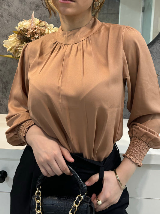 Gathered Neck Blouse With Bishop Sleeves