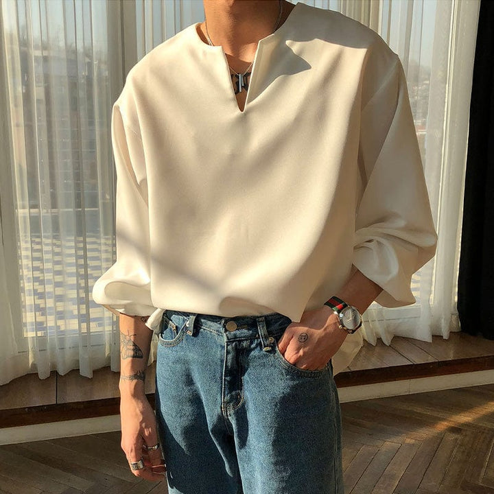 V Neck Cuff Details Long Sleeve Korean Shirt
