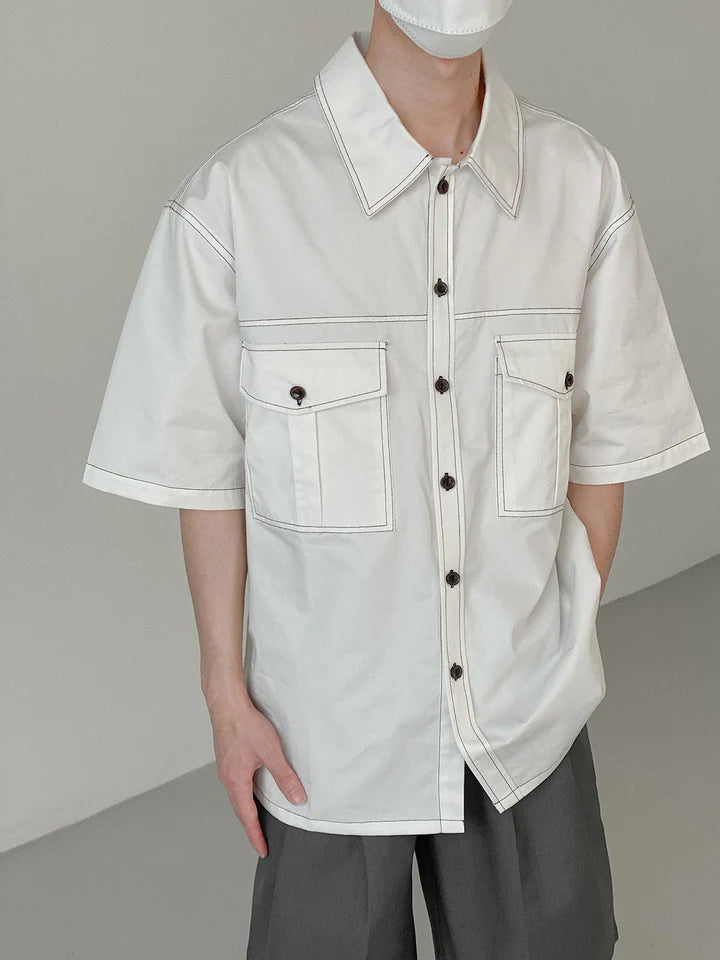 White Contrast Detailed Men Baggy Shirt