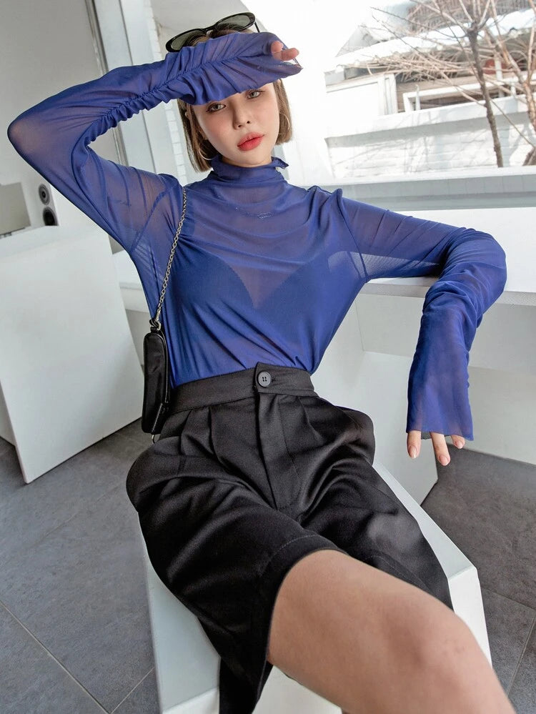 Ruched Sleeve Sheer Top