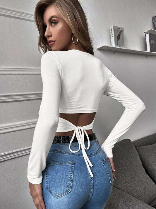 White Full Sleeves Low Back Top