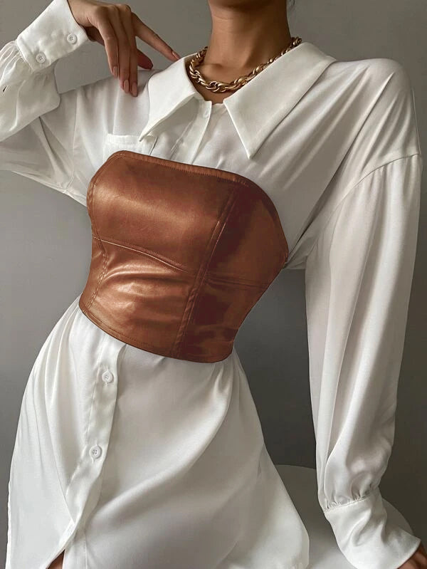 Hot Brown Leather Corset Tube Top