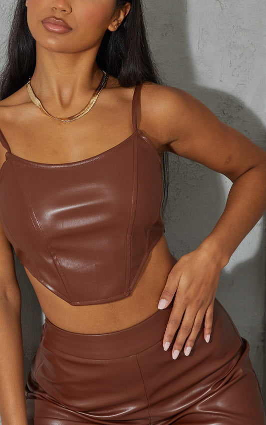 Brown Leather Corset Detail Top
