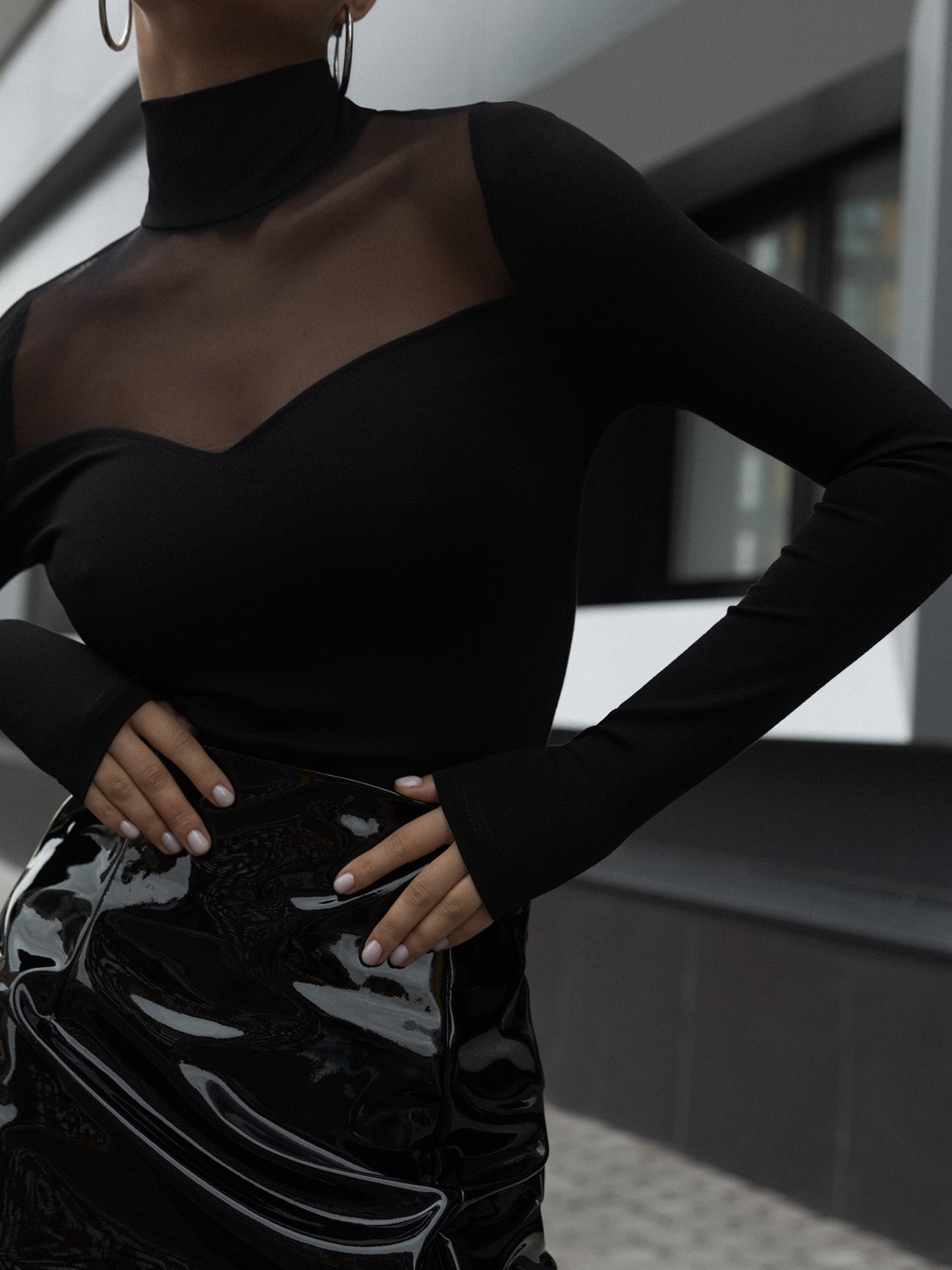 Black sheer detail polo neck top