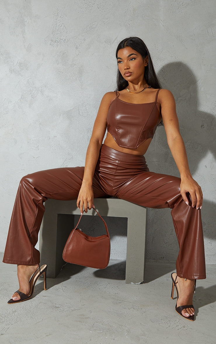 Brown Leather Corset Detail Top