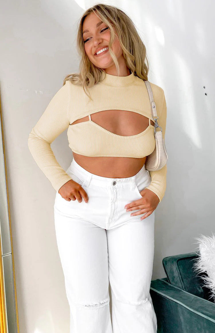 Ivory Double Polo Neck 2-Piece Crop Top