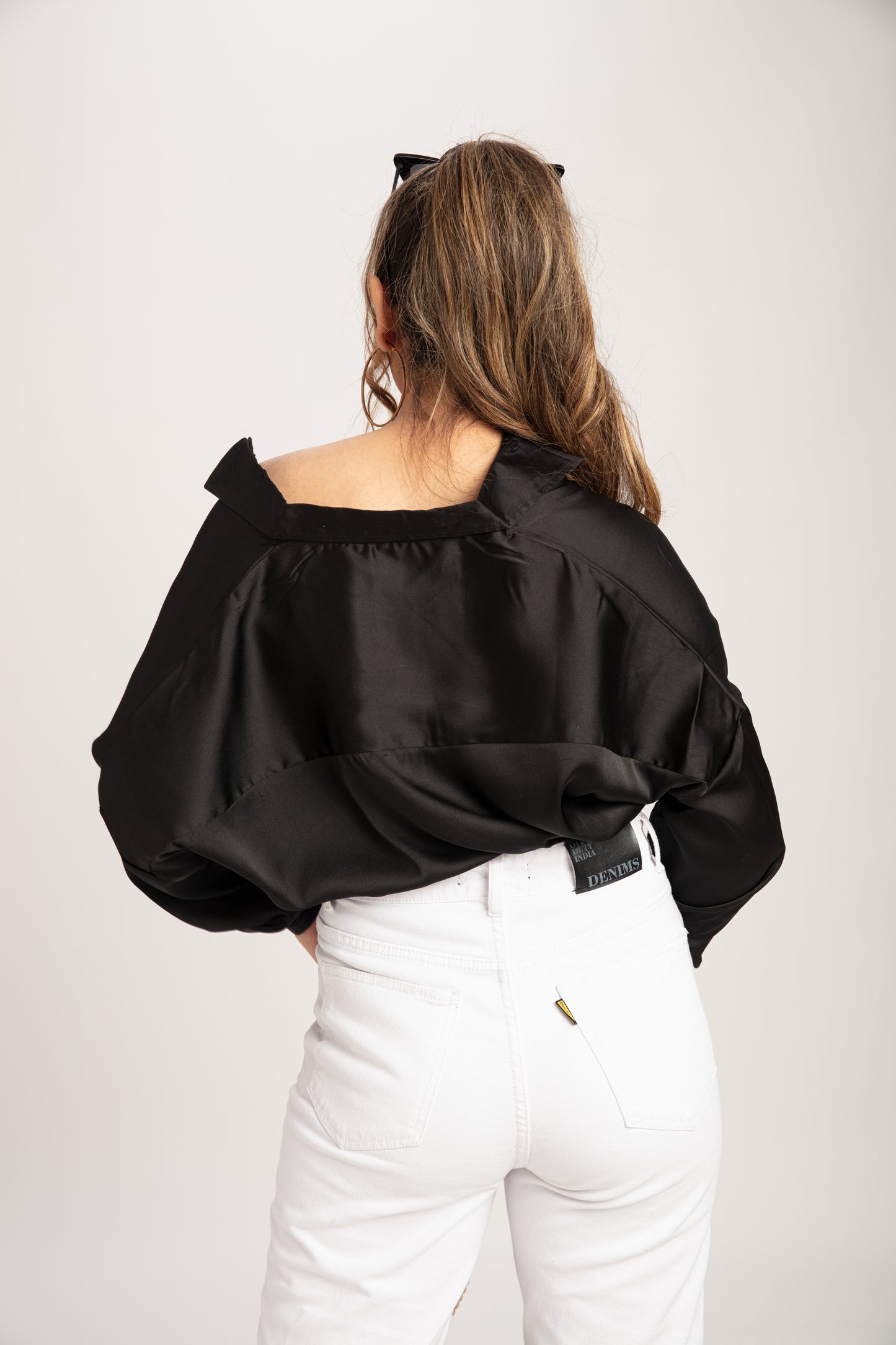 Elegant Black Satin Drop Shoulder shirt