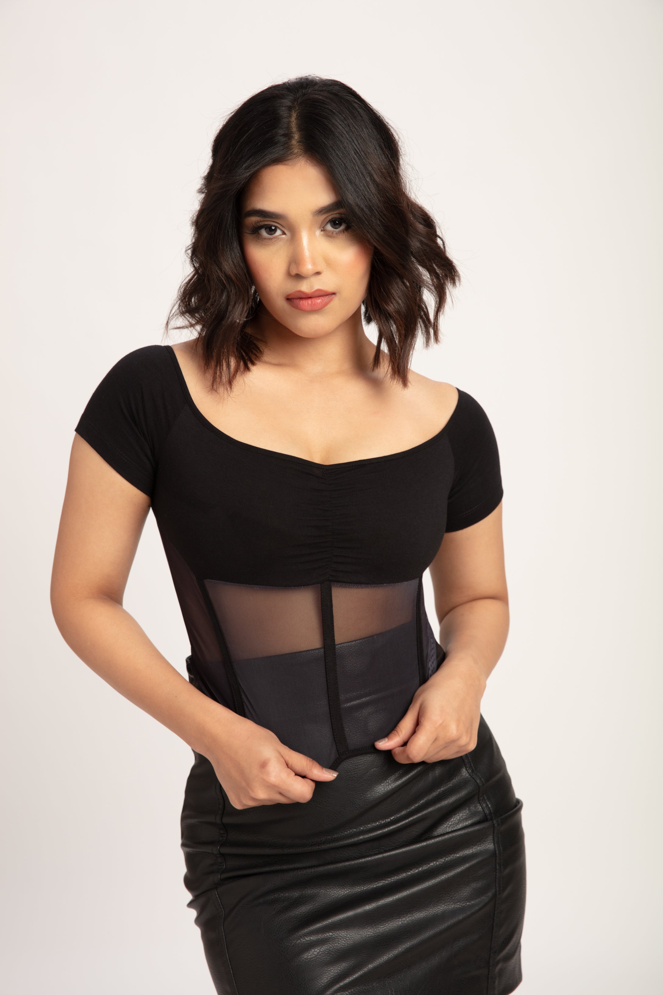 Off shoulder sheer mesh best sale crop top