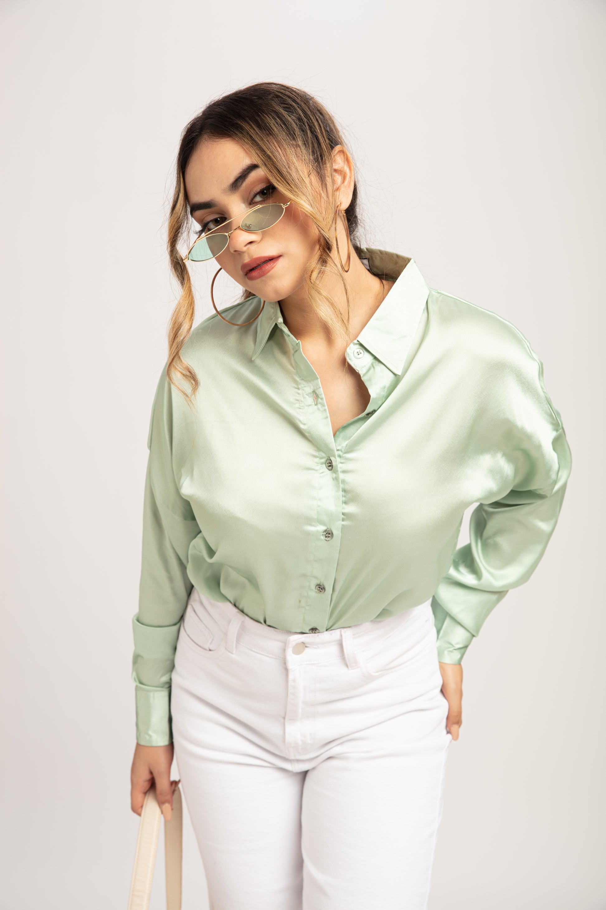 Sane Girl Sage Green Satin Drop Shoulder shirt – Baesic World