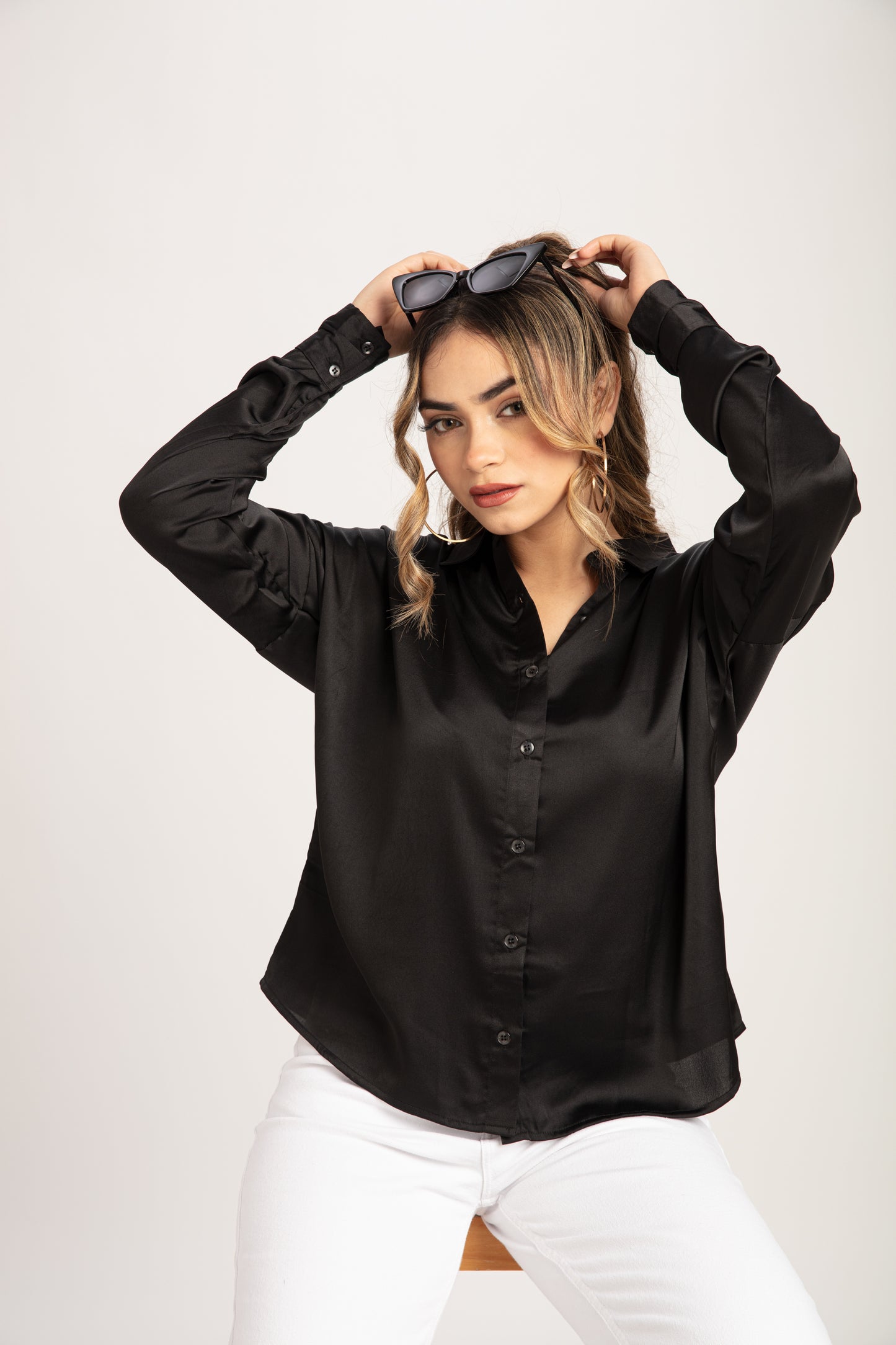 Elegant Black Satin Drop Shoulder shirt