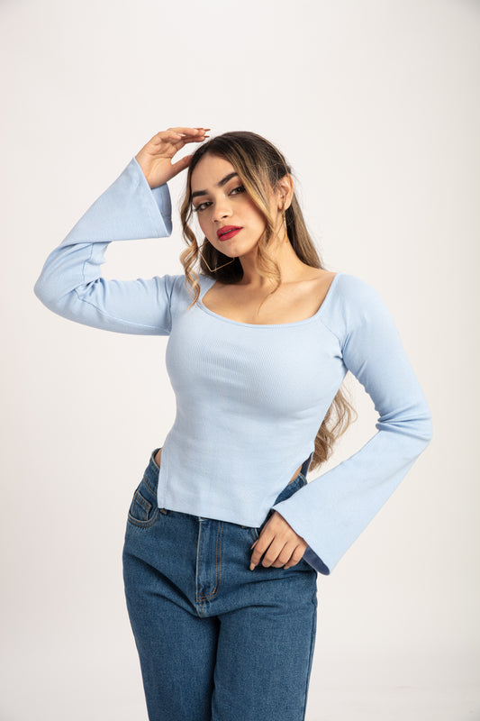 Dusty Blue Asymmetric Milkmaid Top