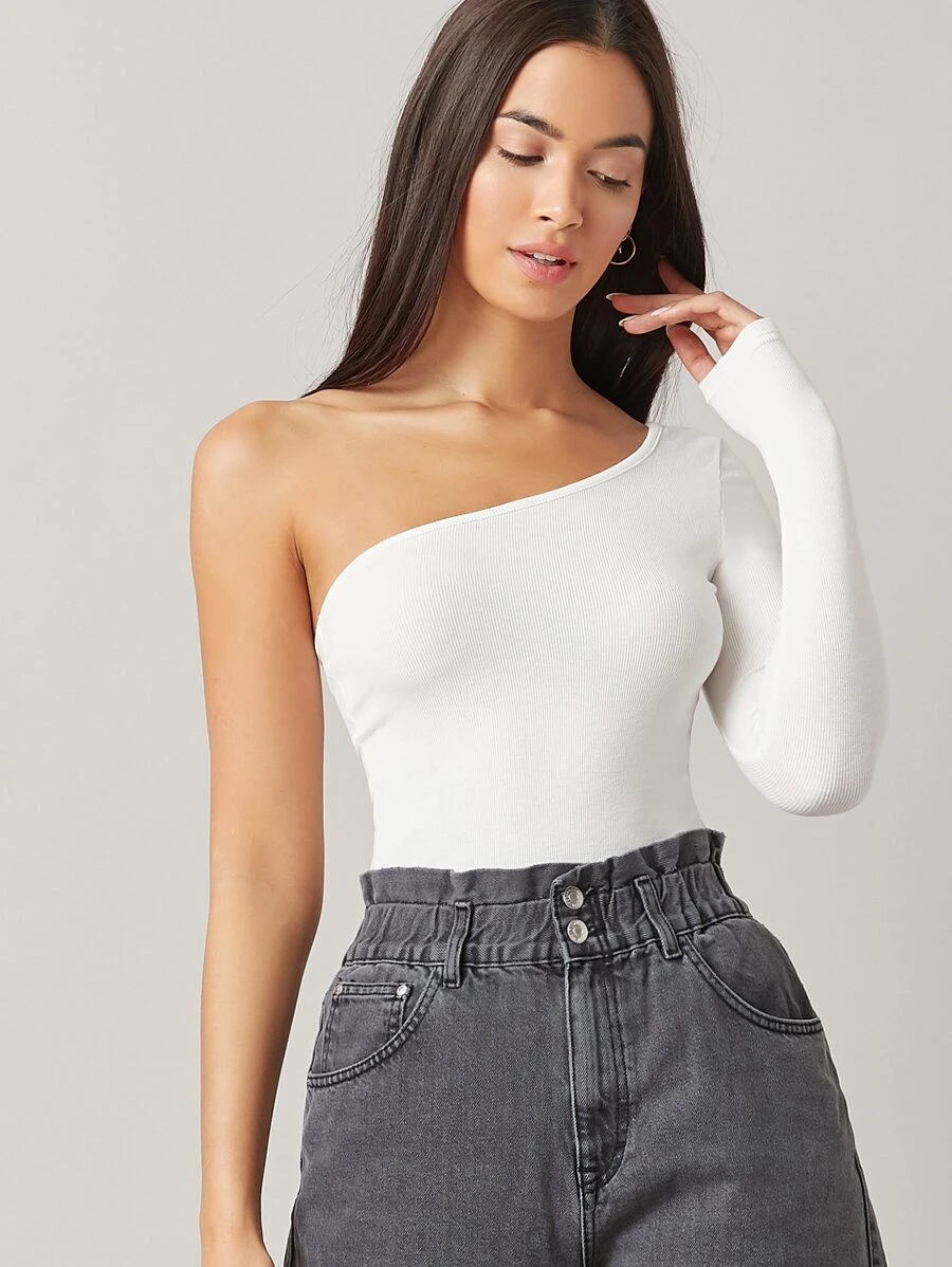 White Basic One Shoulder Top