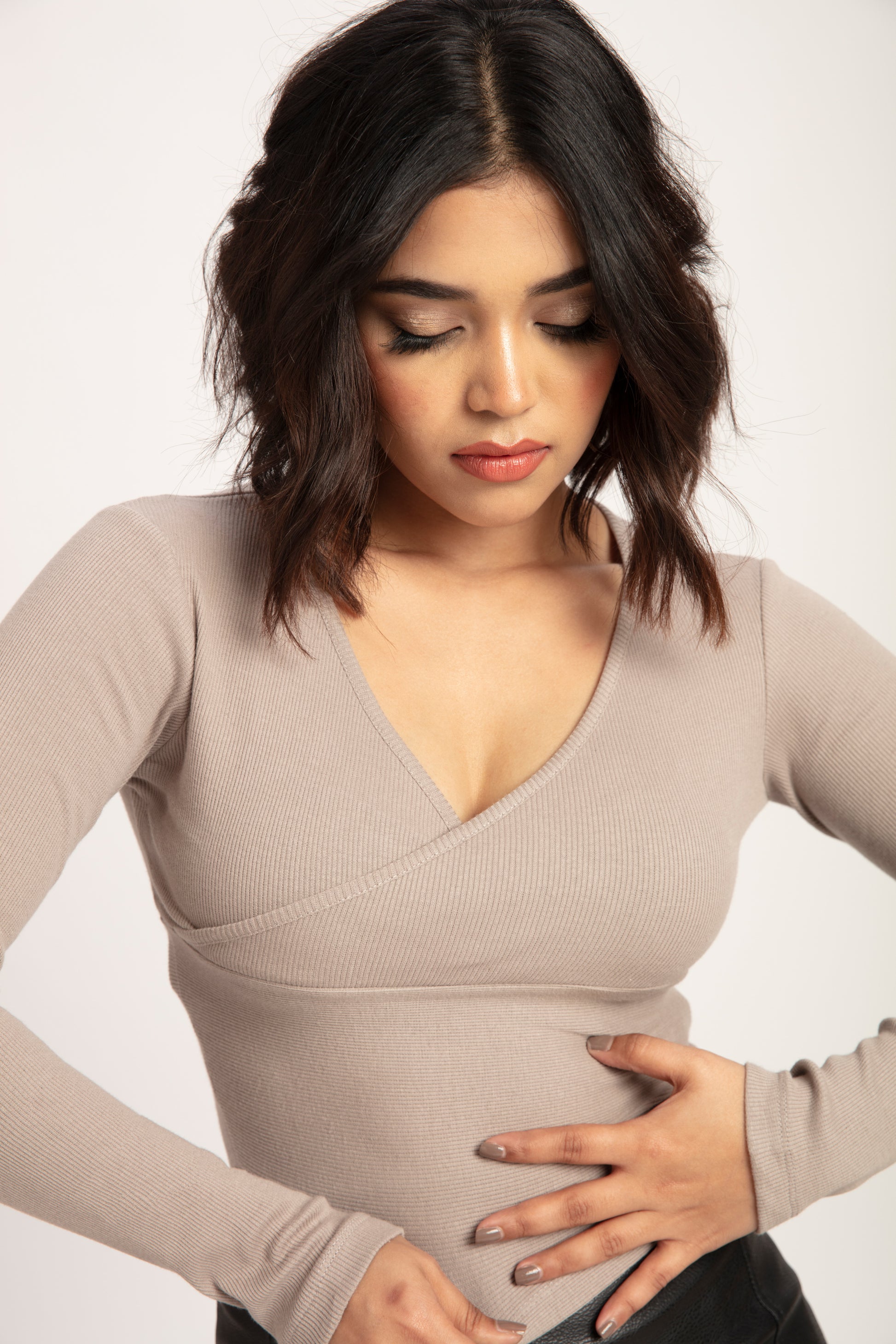 Ash Grey V Neck Full Sleeves Top | V Neck Top | Baesic World